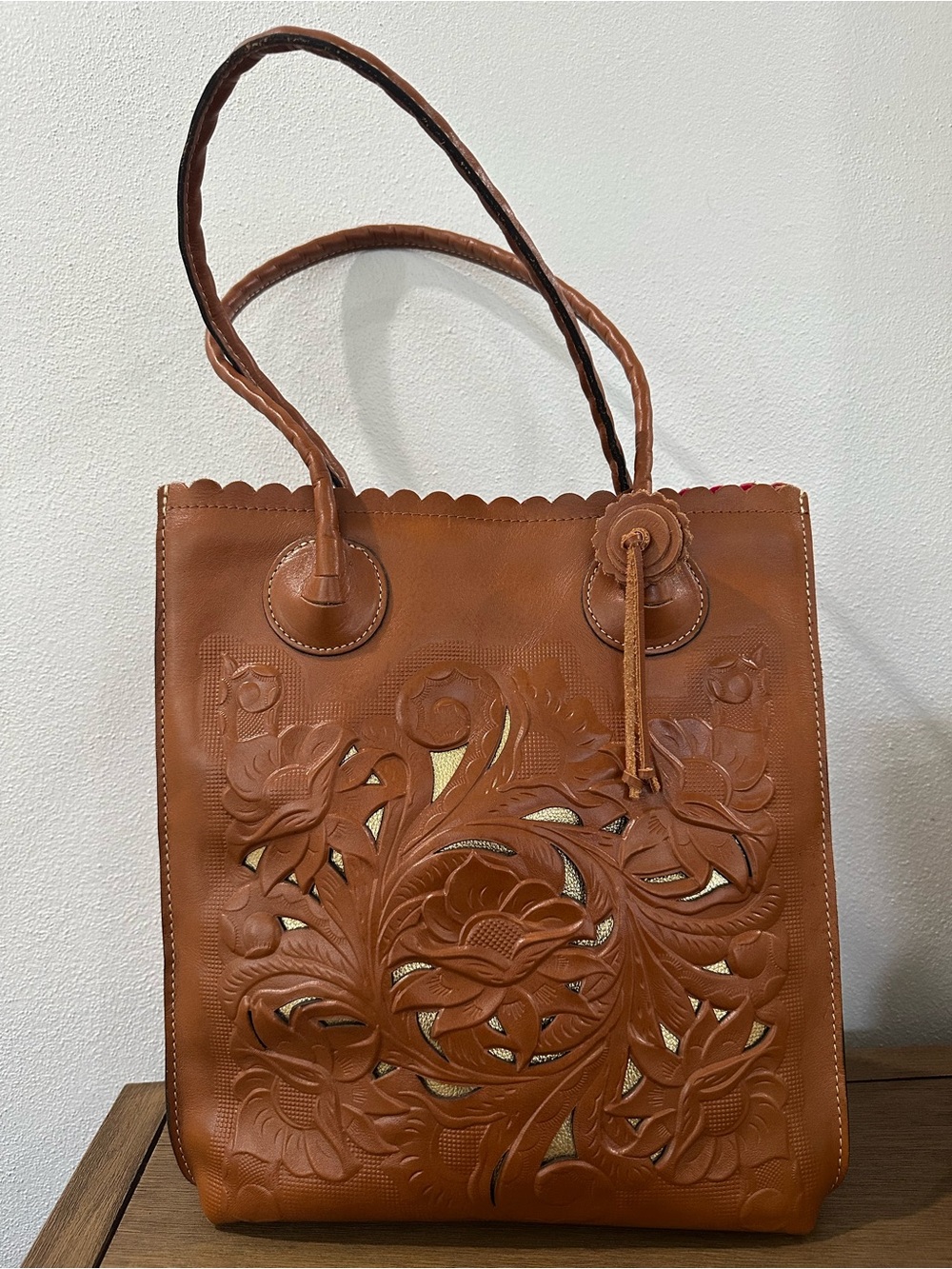 Patricia Nash Chestnut Brown Floral Tooled Leather Tote